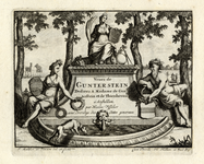 135934 Afbeelding van drie wapenhoudende allegorische figuren naast en op een sokkel bij een waterbassin, met links op ...